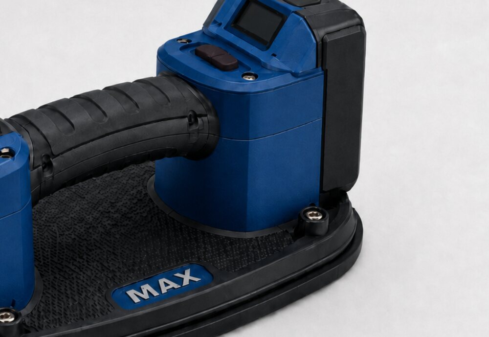 Nahaufnahme des GRIPSTER MAX Sauggreifer-Kopfes mit digitaler Anzeige und ergonomischem Griff